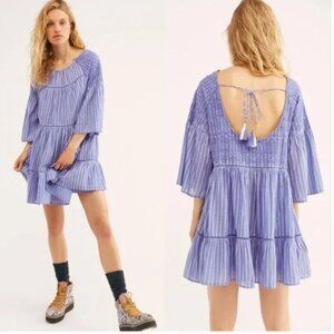 NWT Free People Lola Lagenlook Chambray Mini Dress Embroidered Sz S Blue Striped